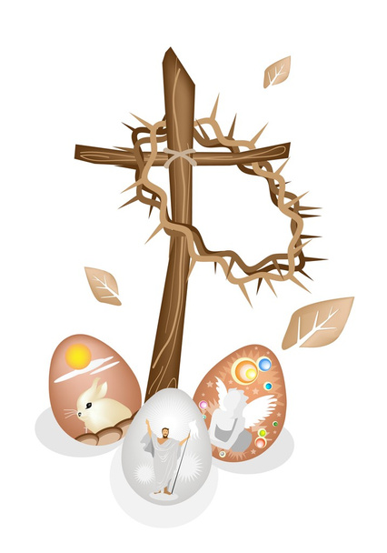 ΞΥΛΙΝΟ σταυρό και ένα στεφάνι από αγκάθια με πασχαλινά αυγά - Διάνυσμα, εικόνα