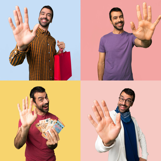 Set of men saluting with hand with happy expression - Photo, Image