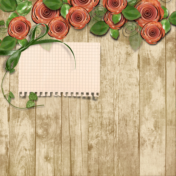 Old wooden background with paper roses and a place for text - Fotoğraf, Görsel