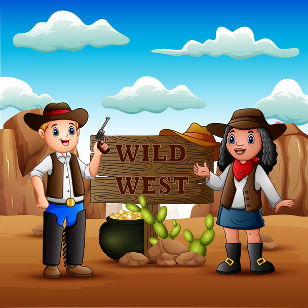Cowboy und Cowgirl vor dem Hintergrund der felsigen Wüste - Vektor, Bild