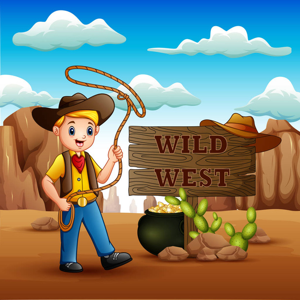 Cowboy twirling een lasso in wilde westen achtergrond - Vector, afbeelding
