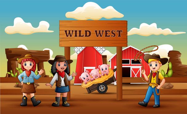 Карикатура на ковбоя Дикого Запада с животным у входа на ферму
 - Вектор,изображение