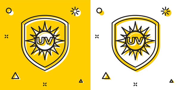 Czarna ikona ochrony UV izolowana na żółto-białym tle. Słońce i Tarcza. Promieniowanie ultrafioletowe promieniowania. SPF znak niedz. Losowe kształty dynamiczne. Ilustracja wektorowa - Wektor, obraz
