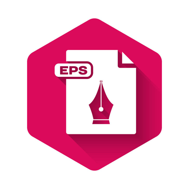 ホワイト Eps ファイル ドキュメント。長い影で隔離されたepsボタンアイコンをダウンロードします。Eps ファイルシンボル。ピンクの六角形のボタン。ベクトルイラストレーション - ベクター画像