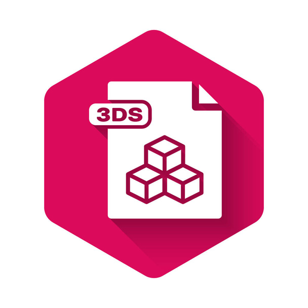 Documento de archivo 3DS blanco. Descargar icono de botón 3ds aislado con sombra larga. 3DS símbolo del archivo. Botón de hexágono rosa. Ilustración vectorial
 - Vector, imagen