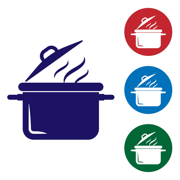 Ikona modré varné konvice izolovaná na bílém pozadí. Symbol jídla vařící nebo dušený. Nastaví ikonu barvy v kolečkách. Vektorová ilustrace - Vektor, obrázek