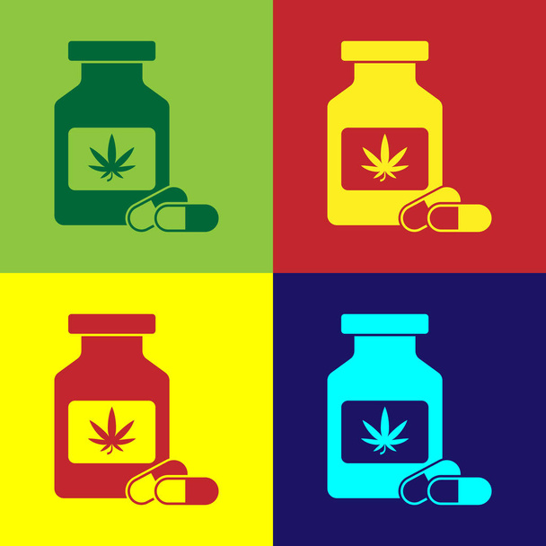Színes orvosi palack marihuánát vagy kannabisz levél ikont izolált színes háttér. Kigúnyolják a Cannabis olaj kivonatok tégelyek. Vektoros illusztráció - Vektor, kép