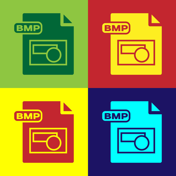 Dokument souboru s barevným BMP. Ikona tlačítka pro stažení BMP je izolovaná na barevném pozadí. Symbol souboru BMP. Vektorová ilustrace - Vektor, obrázek
