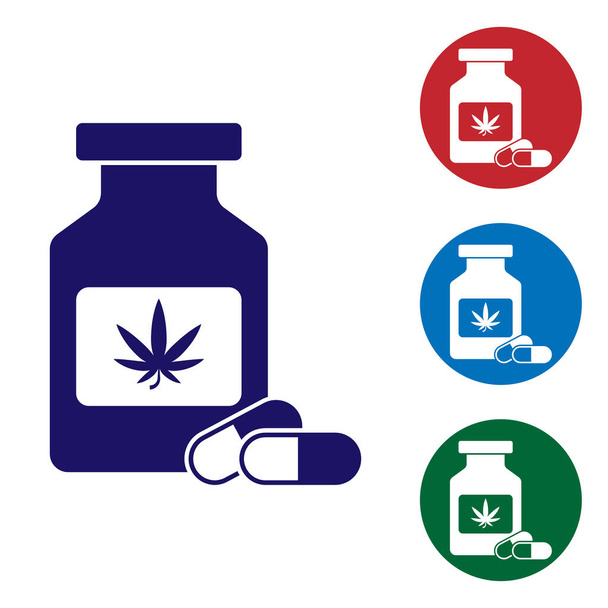 Kék orvosi palack marihuána vagy kannabisz levél ikonra elszigetelt fehér háttér. Kigúnyolják a Cannabis olaj kivonatok tégelyek. Színes ikonok beállítása kör gombokban. Vektoros illusztráció - Vektor, kép