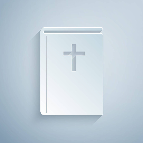 Paper cut Holy bible book icon isolated on grey background. Paper art style. Vector Illustration - Vector, Image