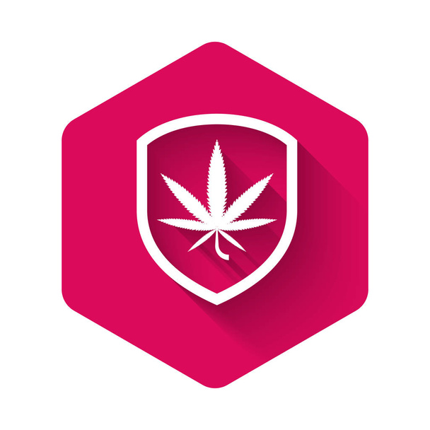 White Shield and marijuana or cannabis leaf icon isolated with long shadow. Marijuana legalization. Hemp symbol. Pink hexagon button. Vector Illustration - Vector, Image