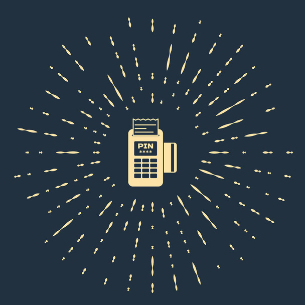 Beige POS terminal with inserted credit card and printed reciept icon isolated on dark blue background. NFC payment concept. Abstract circle random dots. Vector Illustration - Vettoriali, immagini
