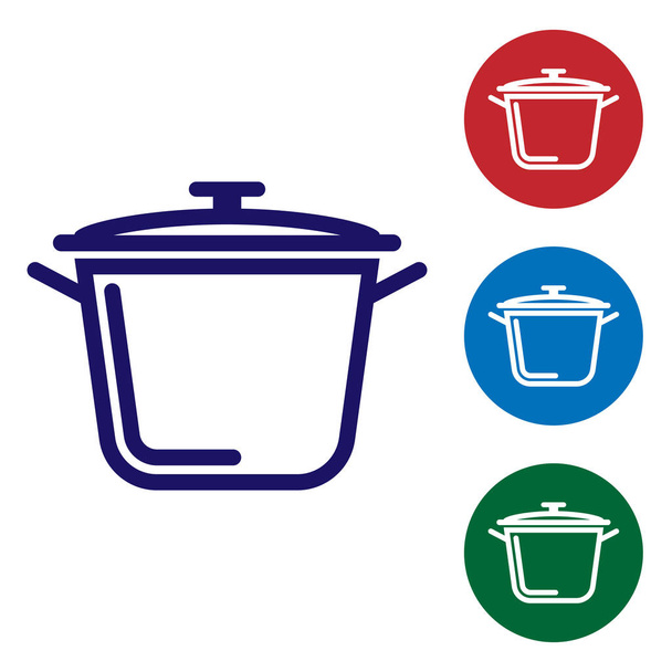 Μπλε εικονίδιο του δοχείου μαγειρικής απομονώνεται σε λευκό φόντο. Σύμβολο βρασμού ή βραστό φαγητό. Ρυθμίστε το εικονίδιο χρώματος σε κυκλικά κουμπιά. Απεικόνιση διανυσματικών φορέων - Διάνυσμα, εικόνα