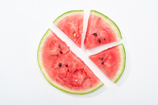 top view of round cut delicious juicy watermelon on white background - Photo, Image