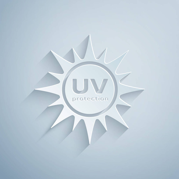 Icono de protección UV de corte de papel aislado sobre fondo gris. Radiación ultravioleta. Señal solar SPF. Estilo de arte de papel. Ilustración vectorial
 - Vector, imagen