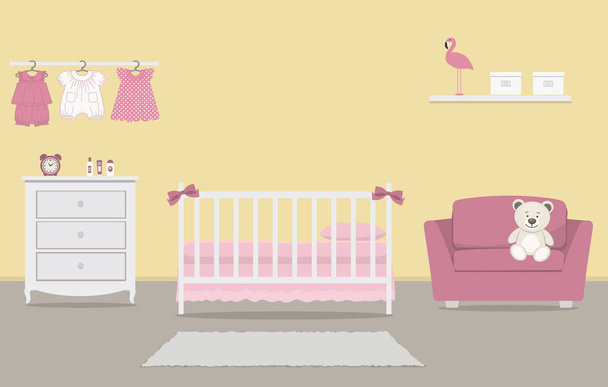 Дитяча кімната для новонародженої дитини. Інтер'єр спальні для малюка дівчина в жовтому і рожевому кольорі. Є дитяче ліжечко, комод, крісло, дитячий одяг, іграшки та інші речі на малюнку. Векторний - Вектор, зображення