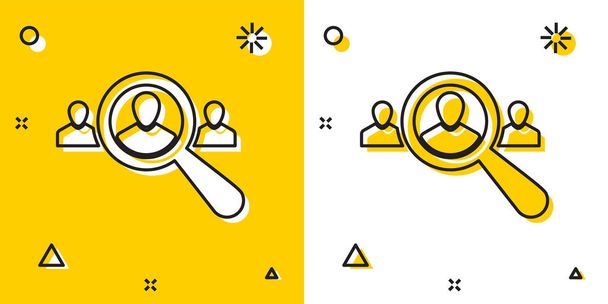 Fekete nagyító a kereséshez egy ember ikon izolált sárga és fehér háttér. Toborzási vagy kiválasztási koncepció. Munkatársak és feladatok keresése. Véletlenszerű dinamikus alakzatok. Vektoros illusztráció - Vektor, kép
