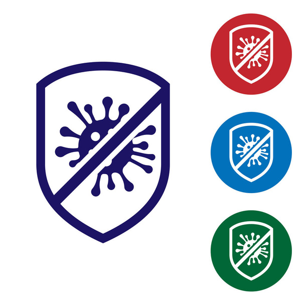 Kék stop vírus, baktérium, csíra és Mikroba ikon elszigetelt fehér háttér. Antibakteriális és vírusellenes védekezés, fertőzések elleni védelem. A színikon beállítása kör gombokon. Vektoros illusztráció - Vektor, kép