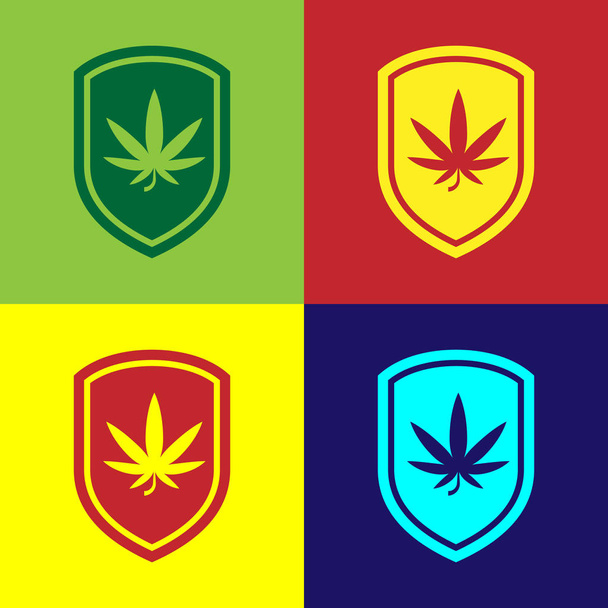 Cor Escudo e maconha ou ícone de folha de cannabis isolado no fundo da cor. Legalização da marijuana. Símbolo de cânhamo. Ilustração vetorial
 - Vetor, Imagem