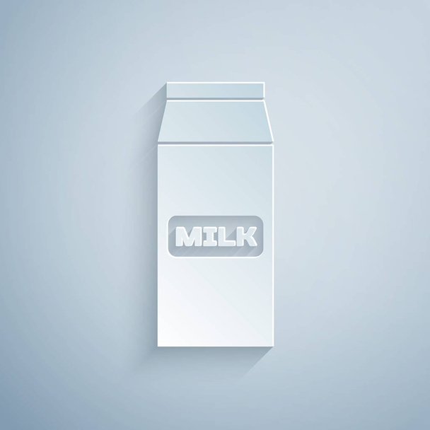 Papel cortado Paquete de papel para icono de leche aislado sobre fondo gris. Señal de paquete de leche. Estilo de arte de papel. Ilustración vectorial - Vector, imagen