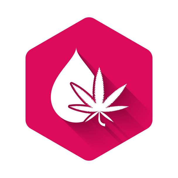White Medical marijuana or cannabis leaf olive oil drop icon isolated with long shadow. Cannabis extract. Hemp symbol. Pink hexagon button. Vector Illustration - Vector, Image