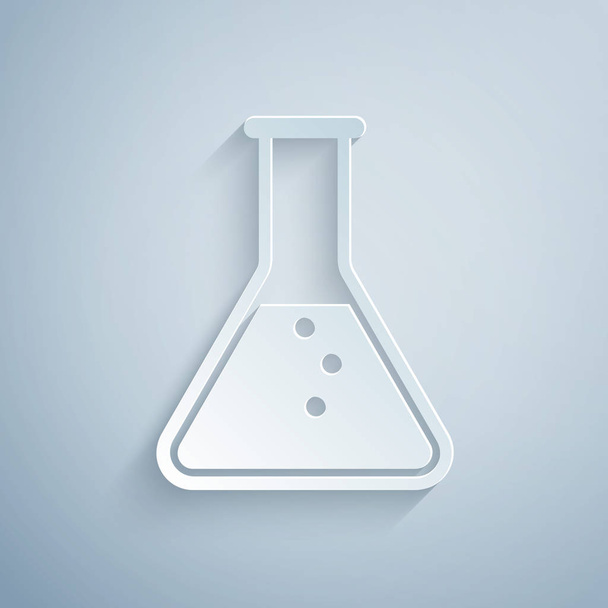 Papier geschnittenes Reagenzglas und Kolben - Symbol für chemische Labortests isoliert auf grauem Hintergrund. Papierkunst. Vektorillustration - Vektor, Bild