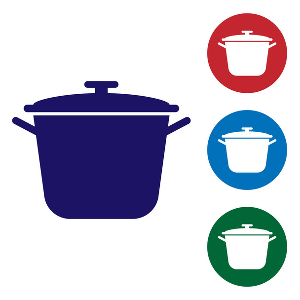青いクッキングポットアイコンは、白い背景に隔離されています。沸騰またはシチュー食品のシンボル。円のボタンにカラーアイコンを設定します。ベクトルイラストレーション - ベクター画像