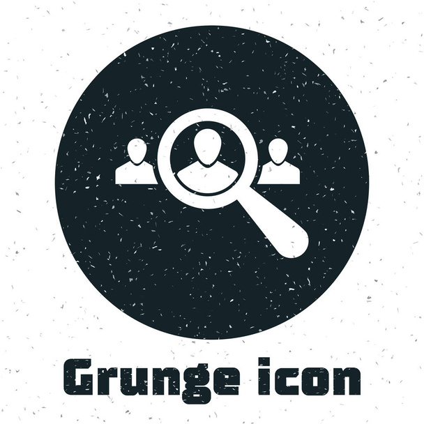 Grunge nagyító üveg keresés egy ember ikon elszigetelt fehér háttérben. Toborzási vagy kiválasztási koncepció. Munkatársak és feladatok keresése. Vektoros illusztráció - Vektor, kép