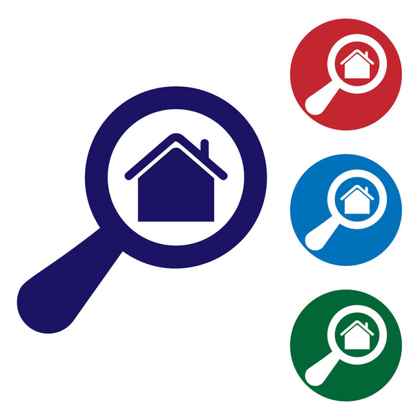 Blue Search icona della casa isolata su sfondo bianco. Simbolo immobiliare di una casa sotto lente d'ingrandimento. Imposta le icone a colori nei pulsanti del cerchio. Illustrazione vettoriale
 - Vettoriali, immagini