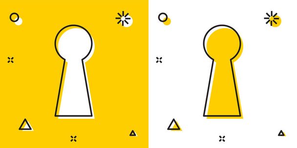 Fekete kulcslyuk ikon izolált sárga és fehér háttér. Sikerének kulcsa megoldás. Keyhole kifejezni fogalmát rejtély, titkos, a biztonság, a biztonság. Véletlenszerű dinamikus alakzatok. Vektoros illusztráció - Vektor, kép