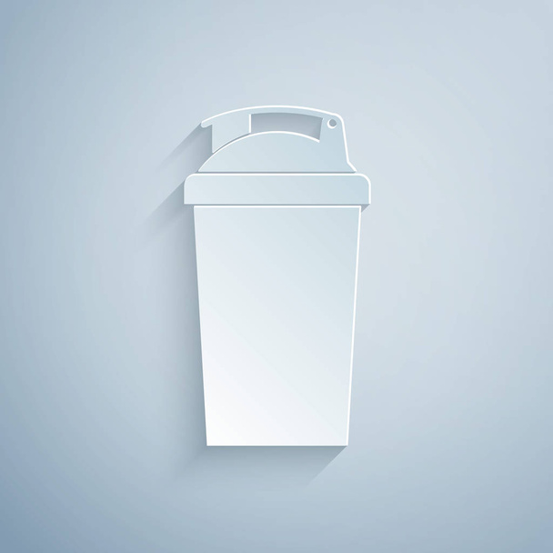 papiergeschnittenes Fitness-Shaker-Symbol isoliert auf grauem Hintergrund. Sport-Shakerflasche mit Deckel für Wasser und Proteincocktails. Papierkunst. Vektorillustration - Vektor, Bild
