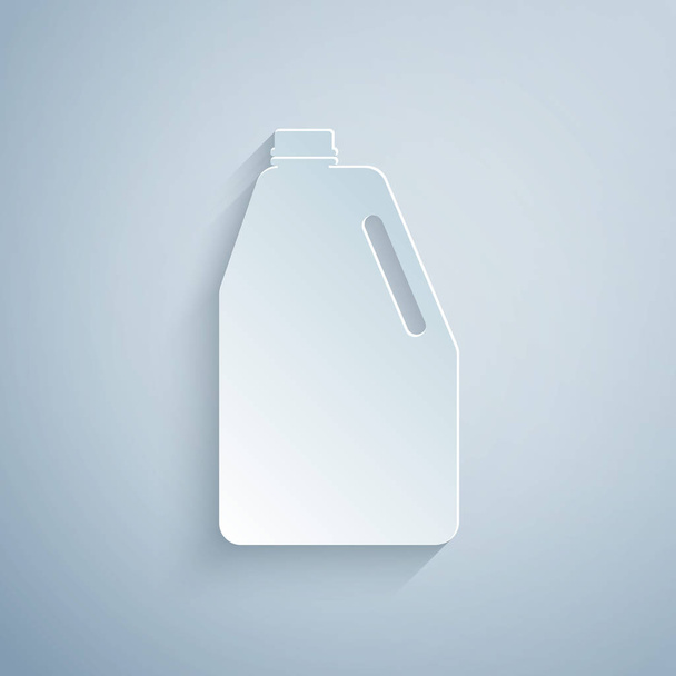 Χαρτί κομμένα οικιακά χημικά λευκά πλαστικά εικονίδιο φιάλη απομονωθεί σε γκρίζο φόντο. Υγρό απορρυπαντικό ή σαπούνι, αφαιρετικό λεκέ, χλωρίνη πλυντηρίου. Καλλιτεχνικό στυλ. Απεικόνιση διανυσματικών φορέων - Διάνυσμα, εικόνα