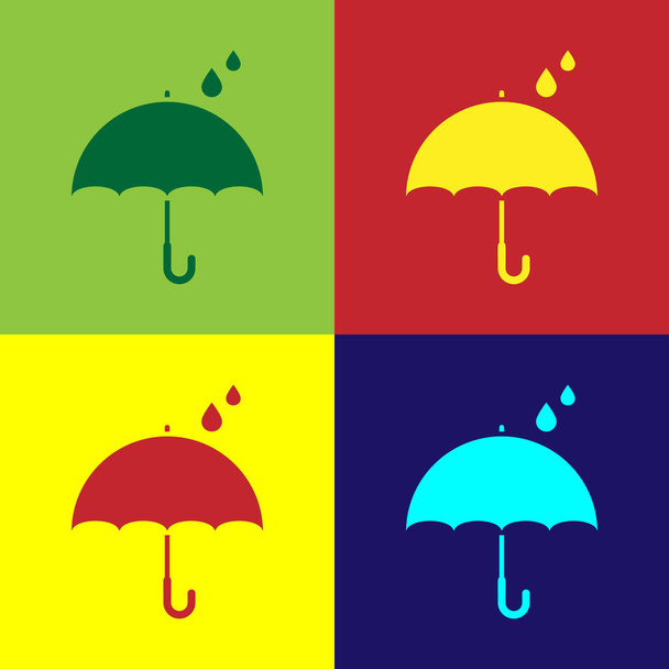 Renk Şemsiye ve yağmur damlaları simge renk arka planda izole. Su geçirmez simgesi. Koruma, güvenlik, güvenlik konsepti. Suya dayanıklı sembol. Vektör İllüstrasyonu - Vektör, Görsel