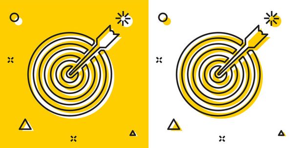 Black Target with arrow icon isolated on yellow and white background. Dart board sign. Archery board icon. Dartboard sign. Business goal concept. Random dynamic shapes. Vector Illustration - Vector, Image