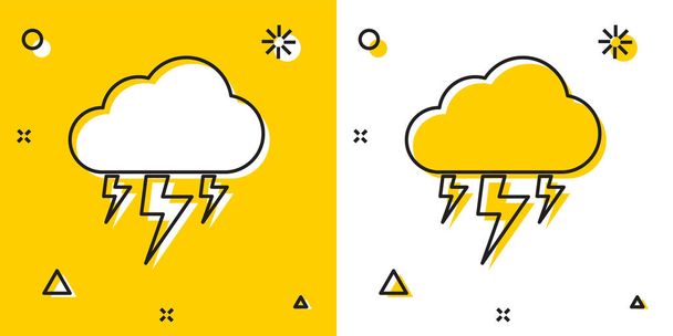 Icono de tormenta negra aislado sobre fondo amarillo y blanco. Nube y relámpago. Icono del tiempo de tormenta. Formas dinámicas aleatorias. Ilustración vectorial - Vector, Imagen
