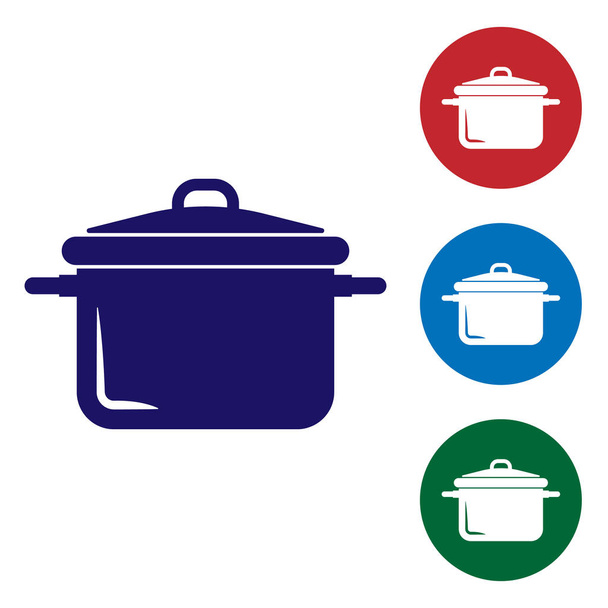 Blauwe kookpot icoon geïsoleerd op witte achtergrond. Kook of stoofpot voedsel symbool. Stel het kleur pictogram in de cirkel knoppen in. Vector illustratie - Vector, afbeelding