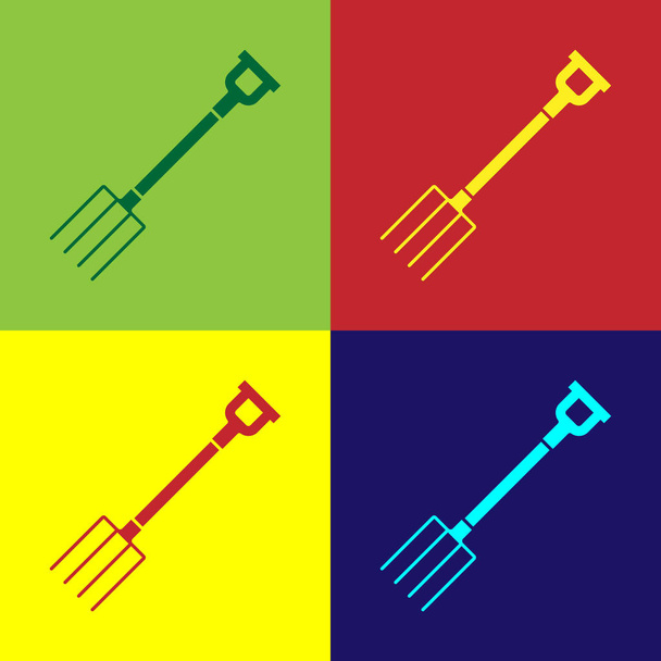 Farbe Garten Mistgabel Symbol isoliert auf farbigem Hintergrund. Gartengabelschild. Werkzeug für Gartenbau, Landwirtschaft, Landwirtschaft. Vektorillustration - Vektor, Bild