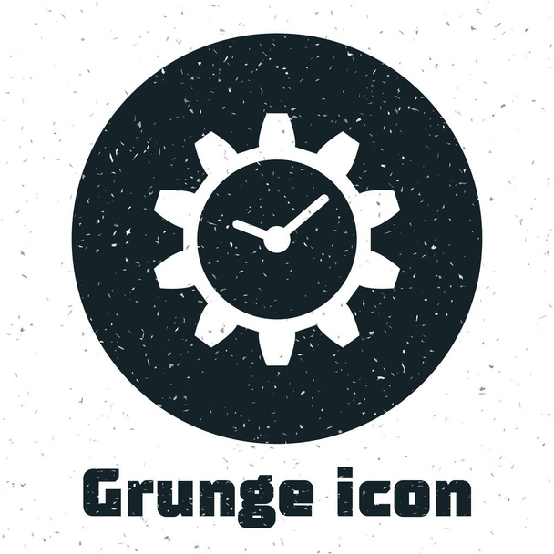 Ikona grunge Time management je izolovaná na bílém pozadí. Hodinový a převodový znak. Vektorová ilustrace - Vektor, obrázek