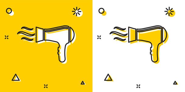 Black Hair dryer icon isolated on yellow and white background. Hairdryer sign. Hair drying symbol. Blowing hot air. Random dynamic shapes. Vector Illustration - Vektori, kuva
