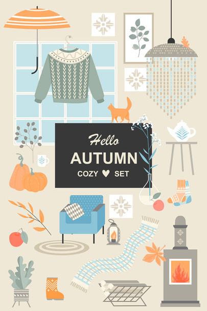 Set of cute vector illustrations of objects and attributes of the scandinavian hygge style - Vector, Image