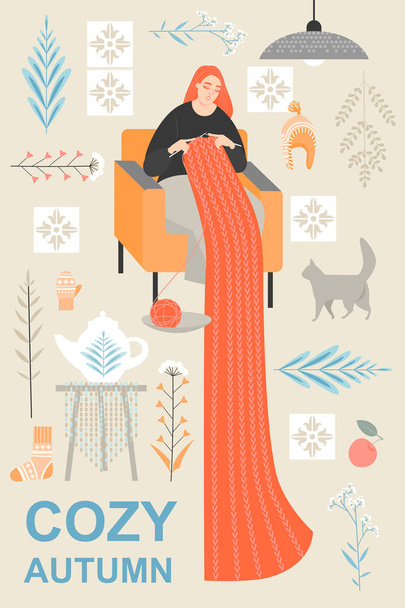 Set of cute vector illustrations of objects and attributes of the scandinavian hygge style and woman knitting scarf - Vector, Image