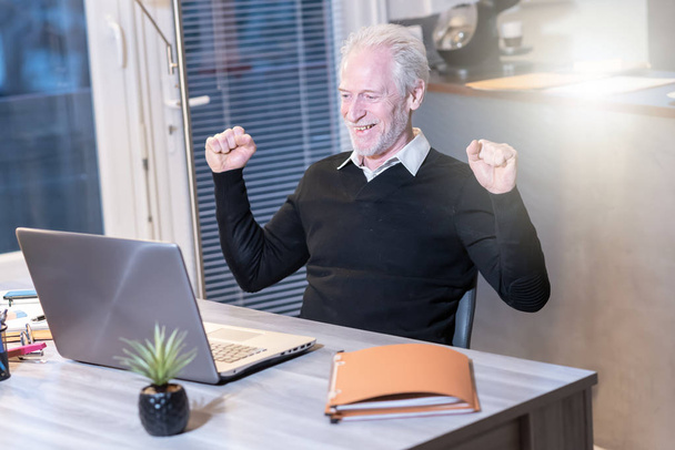 Sorrindo empresário sênior mostrando gesto de sucesso
 - Foto, Imagem