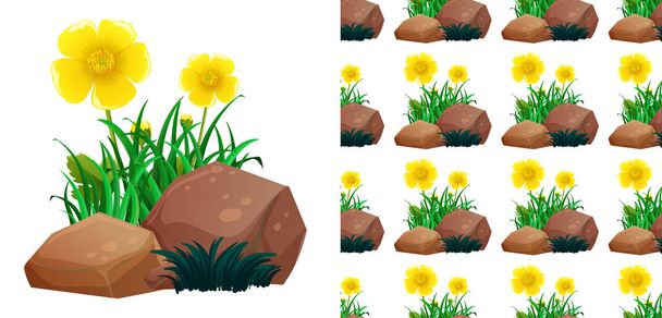 Varrás nélküli háttér tervez-val sárga virágok és sziklák - Vektor, kép