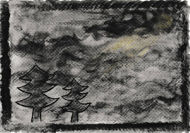 Acuarela pintada a mano, ambiente nocturno en negro y gris con árboles y luna
 - Foto, Imagen
