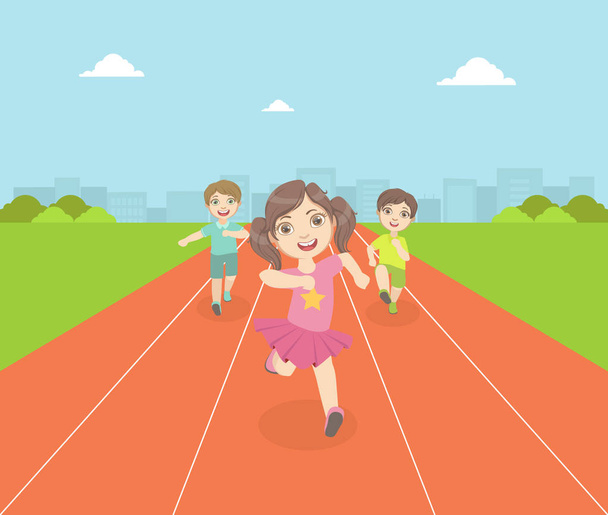 Αγόρια και κορίτσια τρέξιμο αγωνιστικά κομμάτια του σταδίου στο διαγωνισμό, πρόσοψη εικόνα διάνυσμα - Διάνυσμα, εικόνα