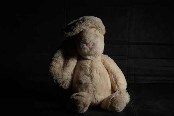 Soft toy rabbit on a dirty dark background in the beam of hard light with shadow. Lost childhood concept - Foto, immagini