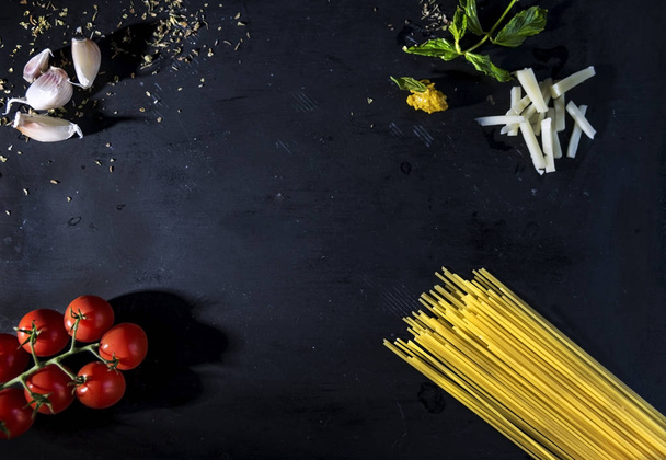 Italian traditional favours  on a black slates, above vantage point, food photography - Fotoğraf, Görsel