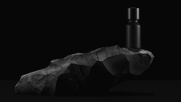 bottle of essential massage oil on stone - beauty treatment. Minimal Black design packaging mock up. 3d illustration. - Foto, Bild