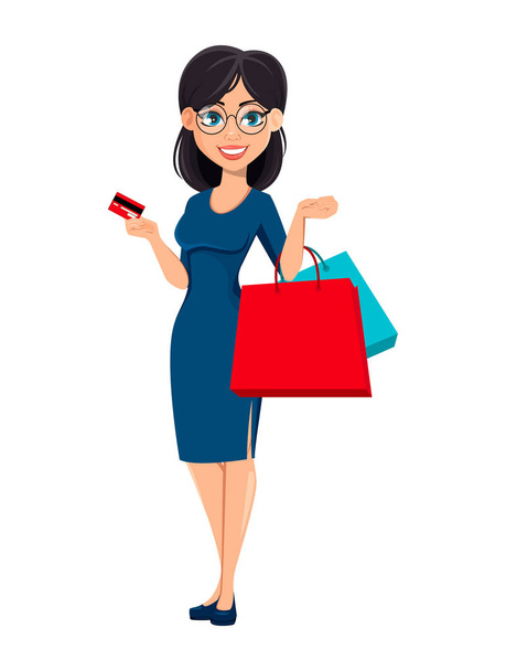 Young beautiful business woman in blue dress - Vector, Image