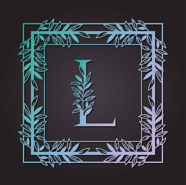 γράμμα L σε τετράγωνο πλαίσιο με φύλλα - Διάνυσμα, εικόνα